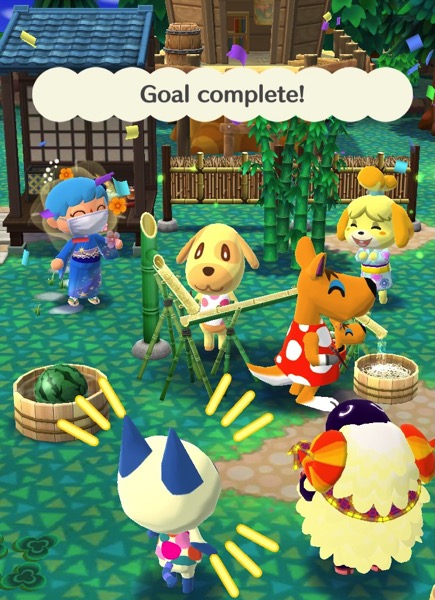 This screenshot says "Goal Complete!" At the center is a large bamboo noodle slide. Several animal friends are either using it to make noodles, or are watching. 