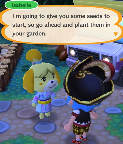 Isabelle tells my Pocket Camp character about seeds for the garden.