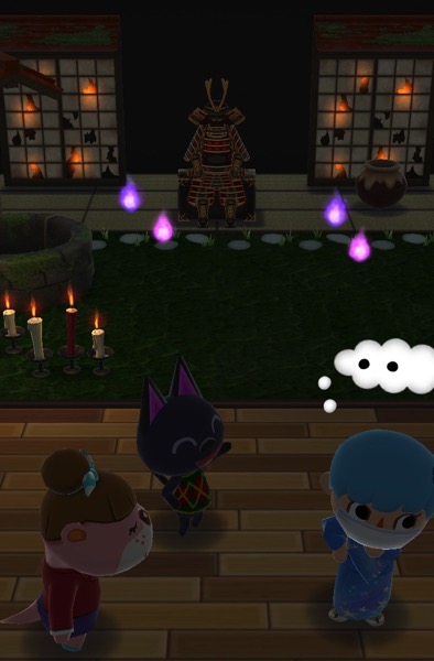 This class in done in the dark, to feature the items that glow. This time, the room is located outside at night. Lottie and Kiki stand near my Pocket Camp character, who is thinking hard about how to pass this class.