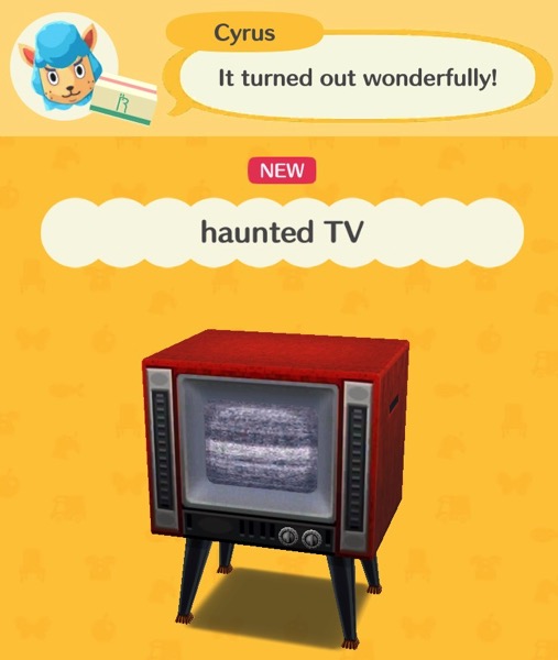 A old TV has four legs that hold it up off the ground. The cabinet around it is red. There are buttons on each side of the screen. The tiny screen is showing static. This TV is haunted.