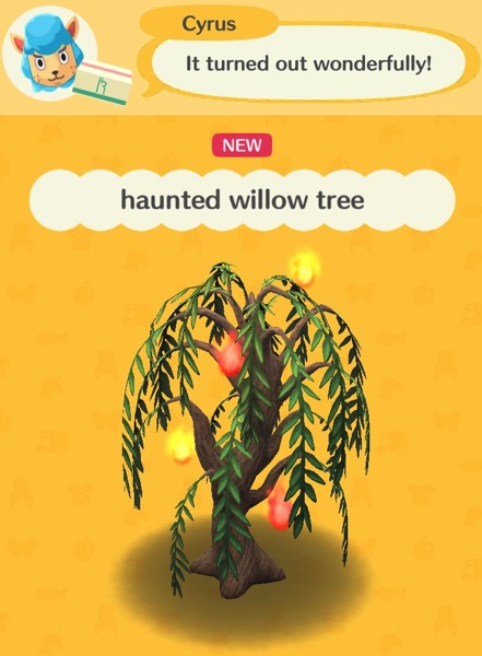 A willow tree has four glowing orbs floating around it. Two are yellow, and two are orange. This willow tree is haunted.