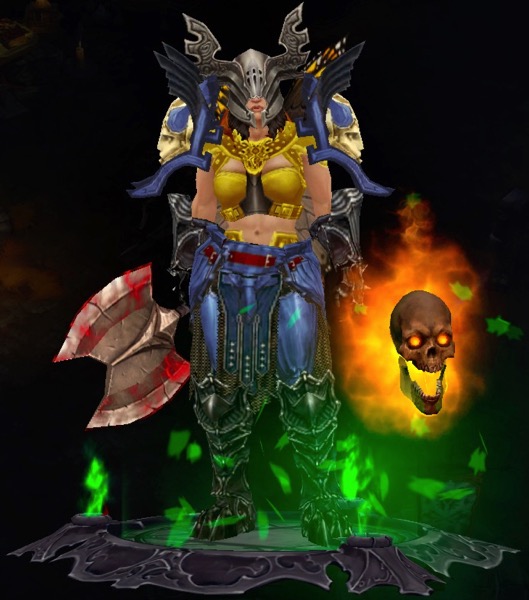 A female Barbarian wears some set pieces and a mix of armor. She carries a large, bloody, axe. Next to her is a floating skull that is on fire.