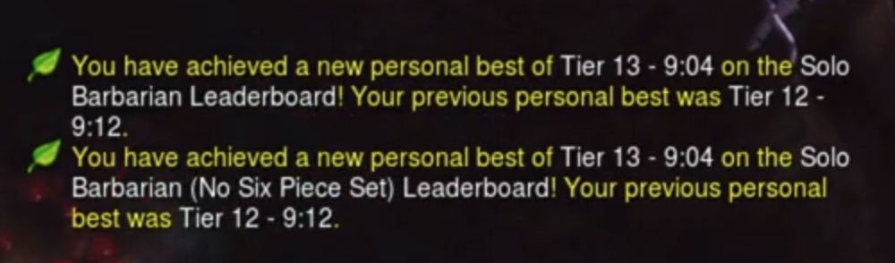Text that shows I got on the Solo Barbarian Leaderboard for Tier 13.
