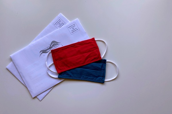 Two purple election envelopes are underneath a red mask and a blue mask. Photo by Tiffany Tertipes on Unsplash