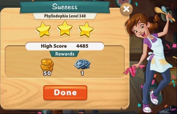 Pepper is holding up two spoons. Confetti falls from the sky. The box shows that I earned three stars on Level 340.