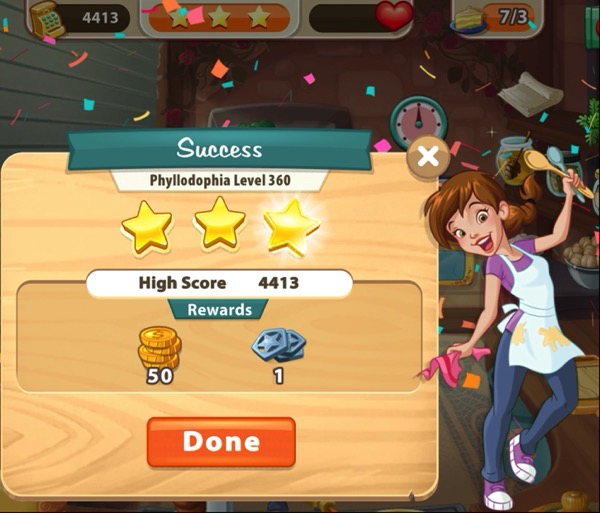 Pepper is holding up two spoons. Confetti falls down over her. The box next to her shows three gold stars. At the top of the screenshot, it shows that I have served 7 Greek Custard Pies.