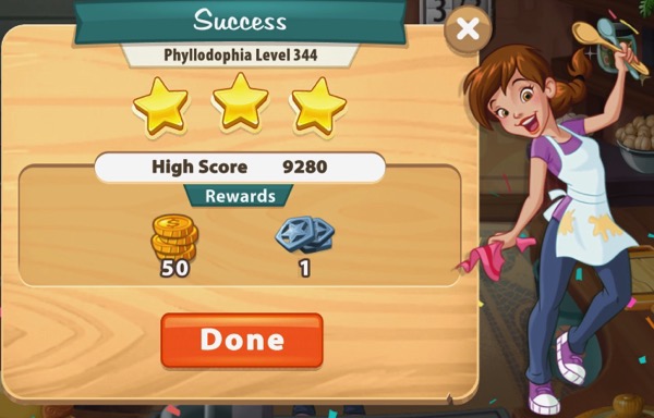 Pepper is holding up two spoons. Confetti drops down from above.The box shows I got three stars in Level 344.