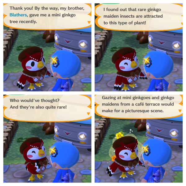 Celeste is talking to my Animal Crossing Pocket Camp character about ginkgo trees and rare insects.