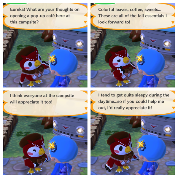 An adorable owl named Celeste talks with my Animal Crossing Pocket Camp character.