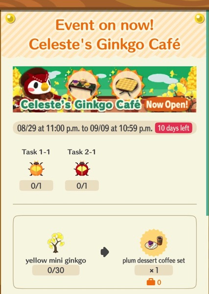 A sign that shows that Celeste's Ginkgo Cafe is open. It also shows what two of the rare bugs look like.