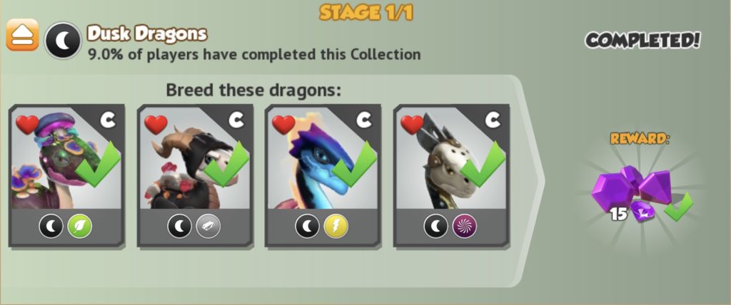 A row of four dragons, each one different from the other. All of them have a dusk element (a white moon on a black circle). Each also has a different element.