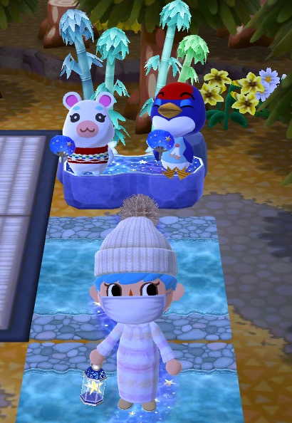 Flurry and Jay share the starry bench. My Pocket Camp character is standing on the starlit path.