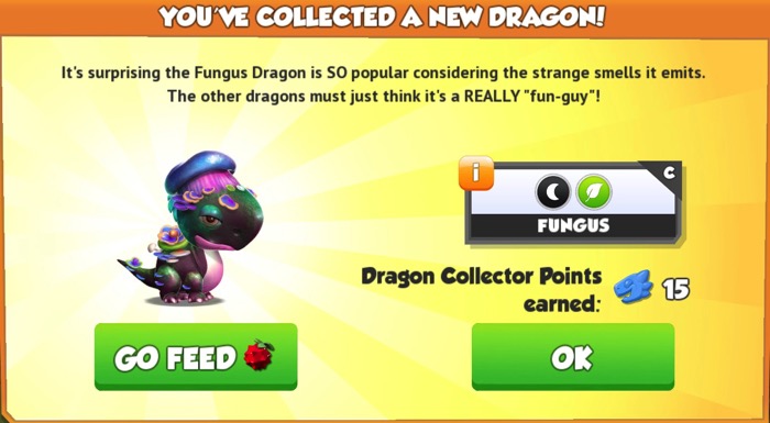 A box says "You've collected a new dragon!" It shows a baby Fungus Dragon, and the elements it has.
