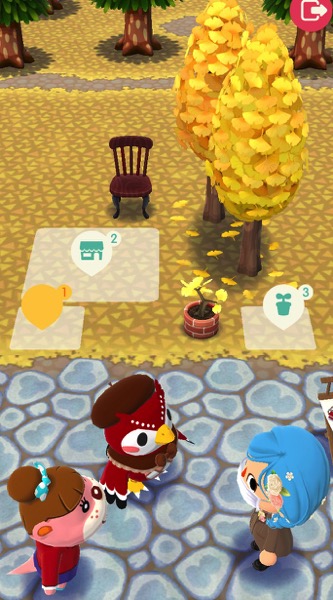 My Pocket Camp character stands in front of Celeste and Lottie. The empty squares are where the player needs to put the correct items.