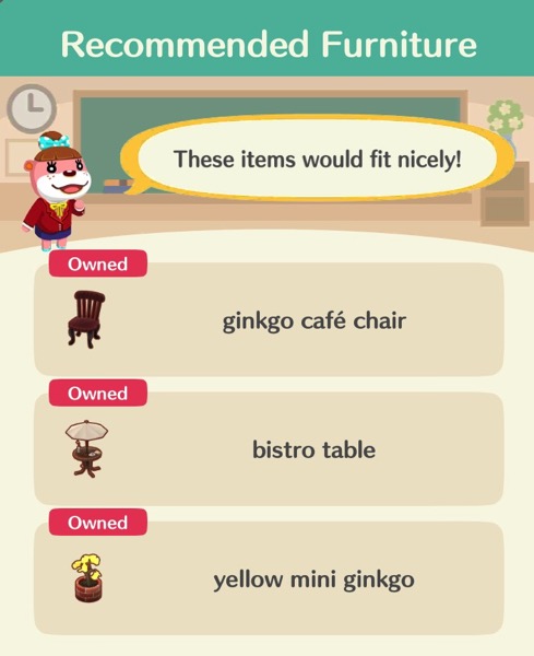 The recommended furniture for the Ginkgo Terrance class included a ginkgo café chair, a yellow mini ginkgo in a pot, and a bistro table.
