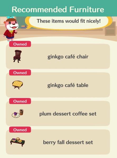 A box with a list of items that are required in order to pass the Ginkgo Terrace 2 class. All of the items come from Celeste's Ginkgo Café event.
