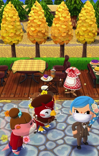 My Pocket Camp character stands next to Celeste and Lottie. Behind them is the finished Ginkgo Terrace class.