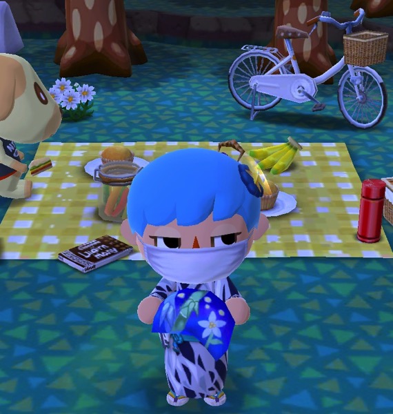 My Pocket Camp character is wearing a black, white, and gray kimono and a star hairpin. They are also wearing a mask. They can eat a Fortune Cookie through the mask... somehow.