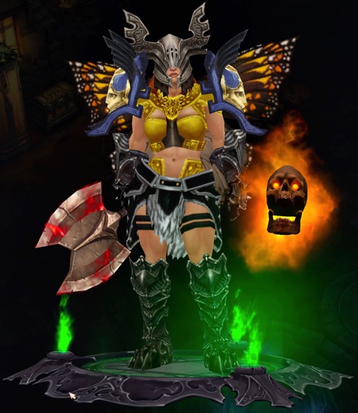 A Barbarian wears for set pieces and a mix of other armor. She is also wearing butterfly wings and carrying a large, bloody, axe. A flaming skull floats next to her.