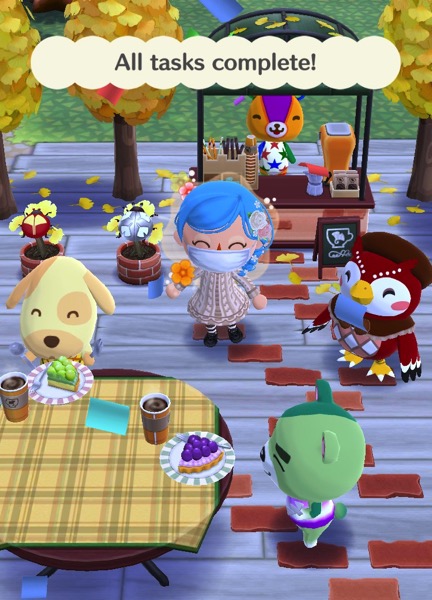 My Pocket Camp character is standing in the center of the screenshot, looking happy. Celeste is next to her. Several animal friends are making use of the café.