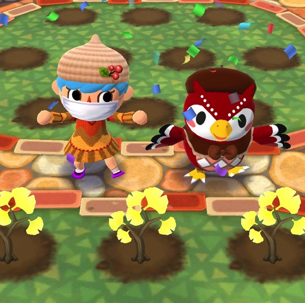 My Pocket Camp character is wearing the chestnut harvest hat, and a colorful poncho. Celeste is next to her.