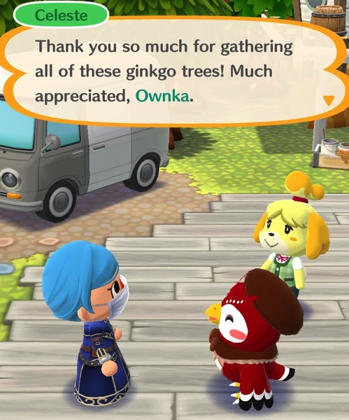 Celeste is talking to my Pocket Camp character about ginkgo trees. Isabelle stands by.