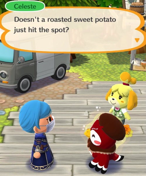 Celeste asks my Pocket Camp character: "Doesn't a roasted sweet potato just hit the spot?"