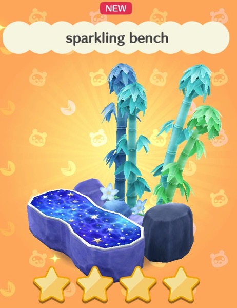 A sparkling bench is a blue, rounded bench, with stars sparkling on the top of it. Behind it are some luminous bamboo, and some rocks and flowers.