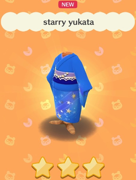 The starry yukata is a kimomo-like outfit. It is blue with a decoration of stars on it.