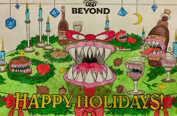 This table is set with bottles of alcohol and glasses to drink from. It has some fruit, cookies, and a cake. A large present, with sharp teeth, is right in front of you! These mimics want to eat you for dinner.