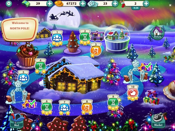 The town of North Pole has a winding road going through it. Along the road, there are several levels the player must complete. Oversized cupcakes are off to the side, and there is a giant snow globe. A silhouette of Santa and his three reindeer that pull the sleigh is over the moon.