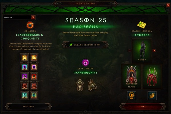 A box says "Season 25 Has Begun". It show the loot a player can obtain during this Season, the transmogrify items they can get, and what the conquests are.