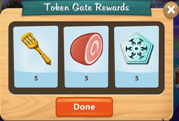 A box shows the rewards I got after passing through the Snow Gate. I got 5 golden spatulas, 5 hams, and 5 Star Tokens.