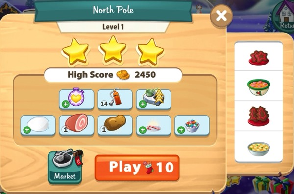 A box shows three gold stars. Below it are some of the ingredients. Off to the side it shows some of the recipes for level 1.