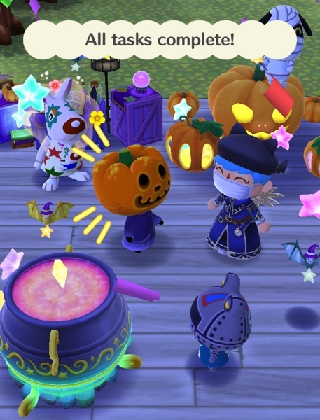Jack is in the happy. My Pocket Camp character is also happy. Some animal friends are nearby. Several of the reward items from this event are in around them, including two hatbats.
