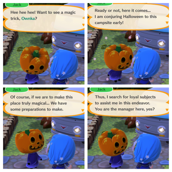 Jack is a character that has a jack-o'-lantern for a head. He wears a purple gown. Jack is talking with my Pocket Camp character.