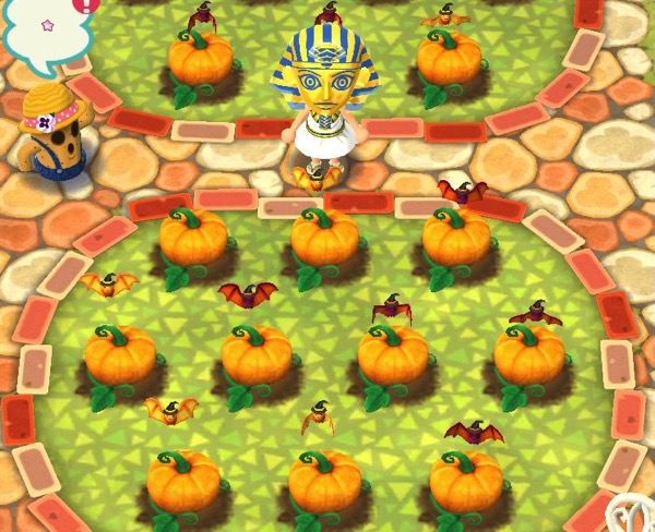 My Pocket Camp character is wearing a King Tut Halloween costume. They are standing in their garden. Many orange pumpkins have attracted hatbats.