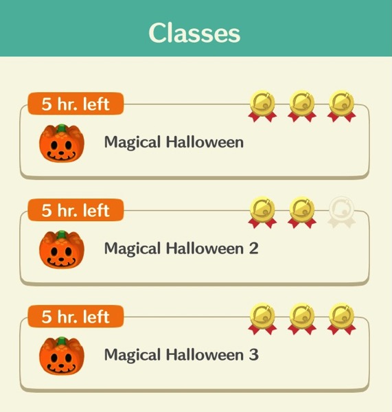 I earned three medals in Magical Halloween, two medals in Magical Halloween 2, and three medals in Magical Halloween 3.