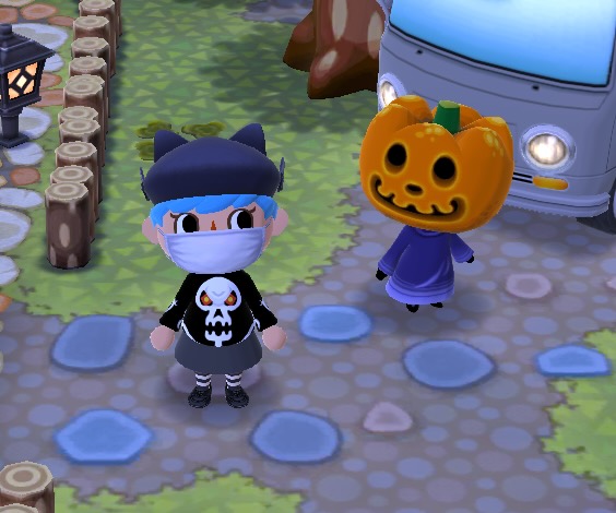 My Pocket Camp character is wearing a bat beret, a shirt with a skull on it, and other dark colored clothes. Jack stands near them.