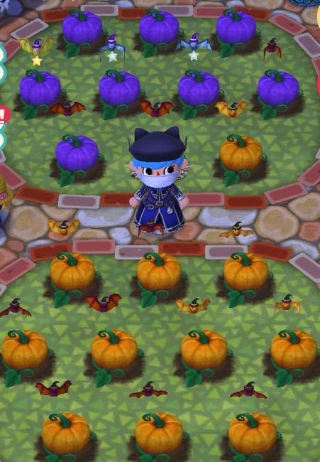 My Pocket Camp character is wearing the bat beret and a white face mask. She is wearing a "steampunk" dress. Purple pumpkins fill about half of the garden, and orange pumpkins fill the rest. There are several hatbats near the pumpkins.