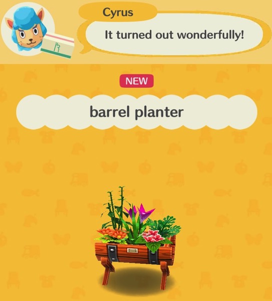 Cyrus can craft the barrel planter item. It is a half-barrel on wooden legs that has a variety of plants growing out of it.