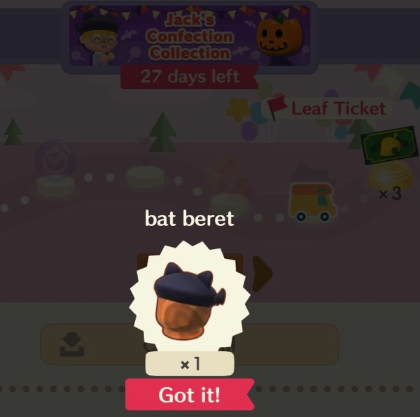 One of the prizes players could earn during Jack's Confection Collection was a bat beret.