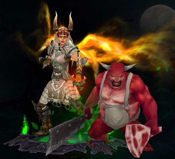 A Monk wears mostly white armor. Her helmet has horns. She has yellow, glowing, wings. Next to her is The Butcher pet, who wears an apron and carries a steak and a cleaver.