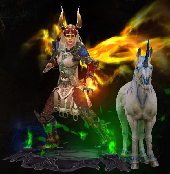 A Monk wears a colorful mix of armor. Her helmet has horns. Next to her is a white monstrosity of a unicorn.