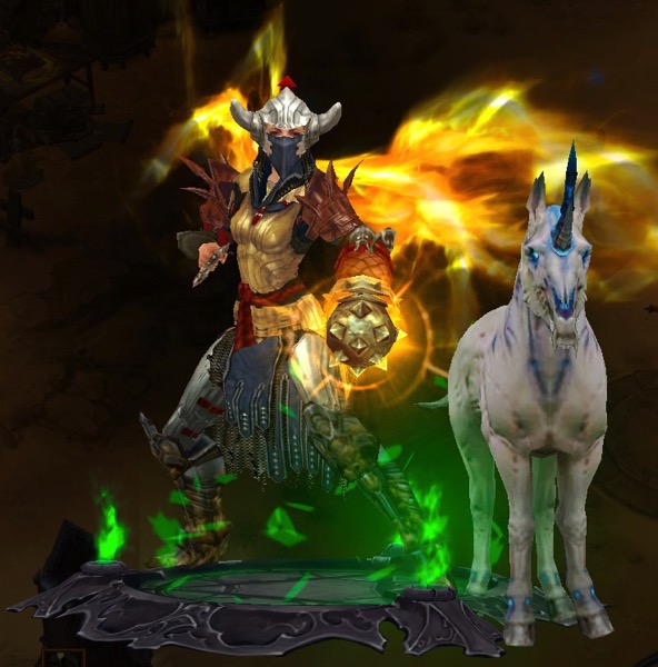 A Monk wears a mix of brightly colored armor. One hand is covered by a dangerous looking weapon and the other hand holds a blade. She has glowing wings. Next to her is a monstrosity of a unicorn.