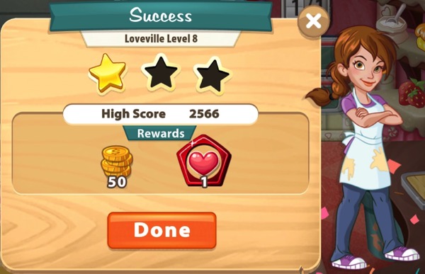 Pepper has her arms crossed. Her apron is messy. The box shows one star on Level 8.