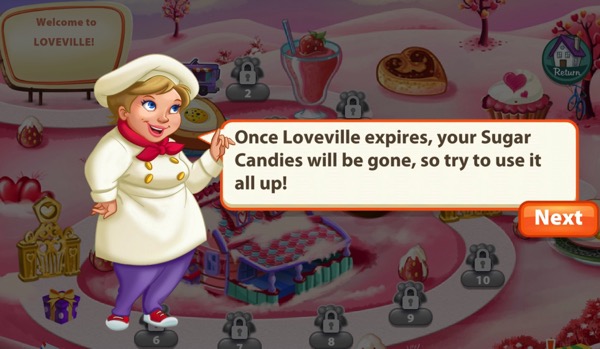 Chef Crisp warns the player that when Loveville ends, the Sugar Candies will be gone.