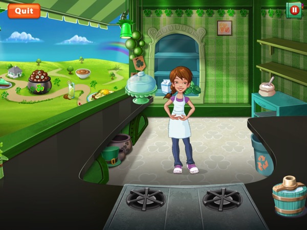 Pepper is inside her food truck, making an awkward face. The food truck changes decor for every town. In Cloverville, the food truck decor includes several shades of green, decorative shamrocks, a green striped awning and a green counter. On the floor is a green top hat with a black band and gold buckle.