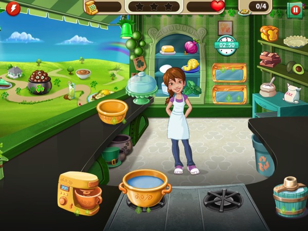 Pepper stands in the middle of her food truck in Cloverville. All of the appliances have been (temporarily) upgraded from a reward I got after crossing the first Token Gate.