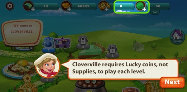 Chef Crisp alerts the player that Cloverville requires Lucky coins.